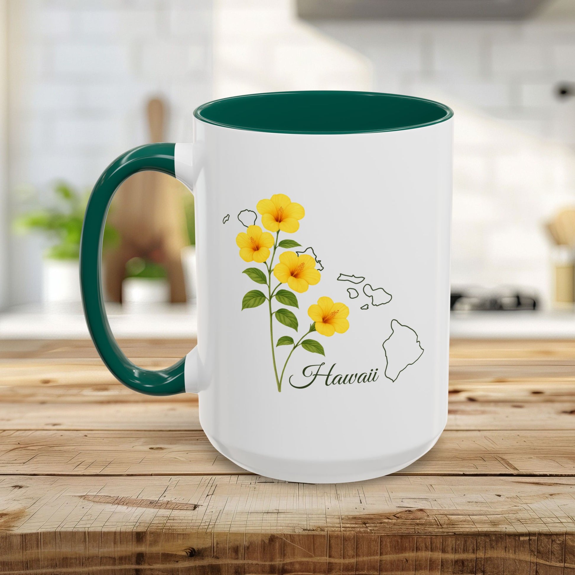 White ceramic mug with a green handle and interior, featuring yellow hibiscus flowers and a Hawaii outline.