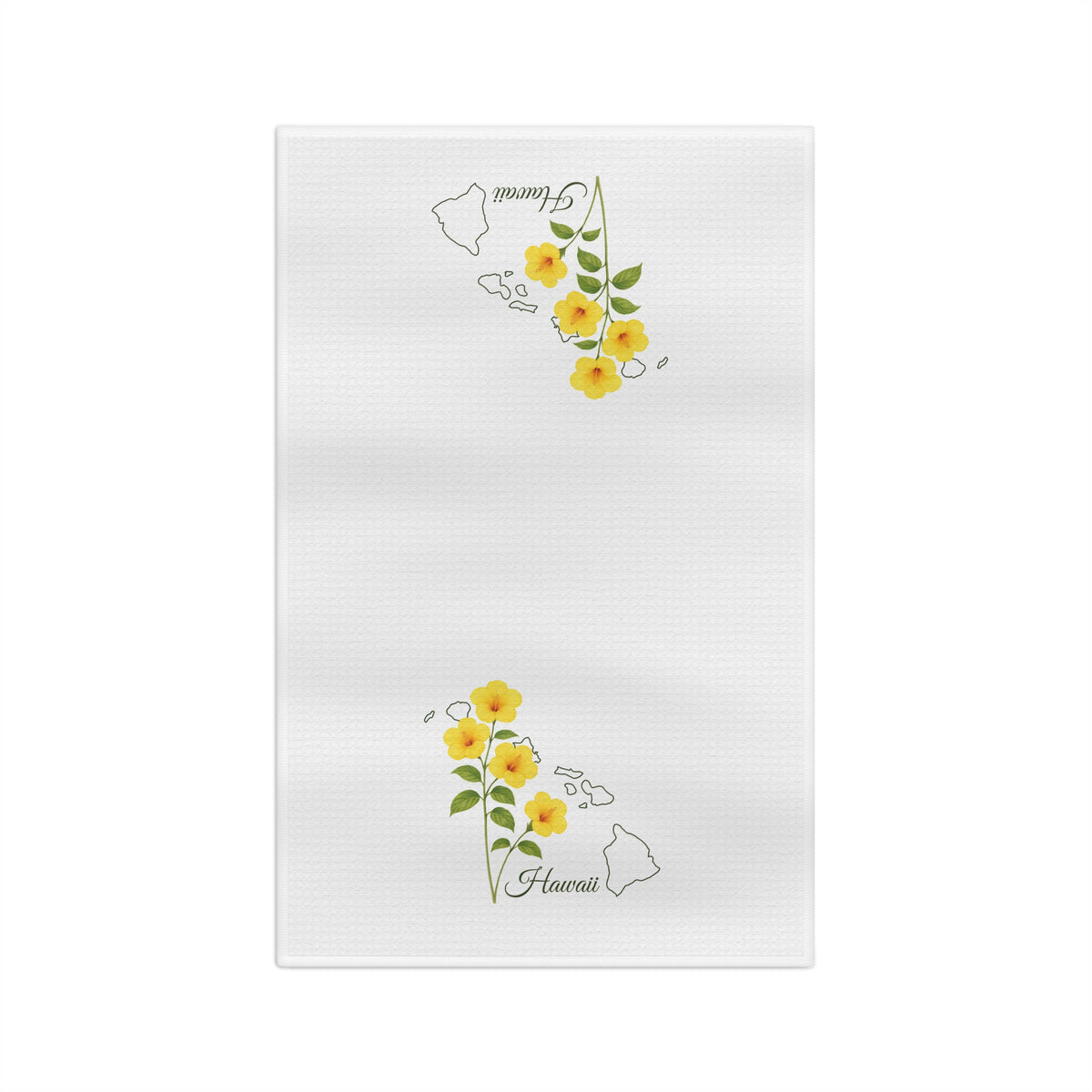White microfiber tea towel with yellow hibiscus flowers and a subtle Hawaii island map outline.