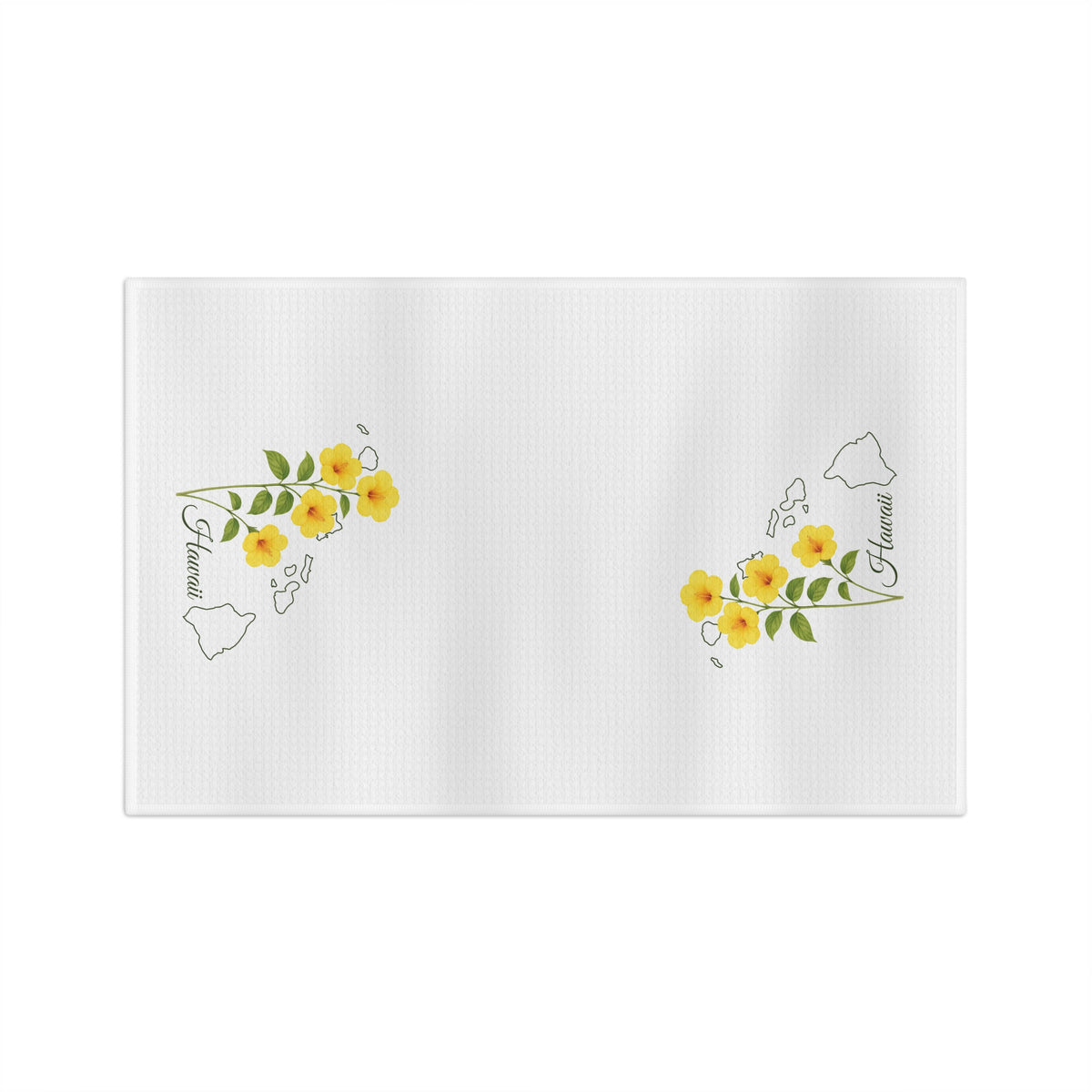 White microfiber tea towel with yellow hibiscus flowers and a subtle Hawaii island map print.