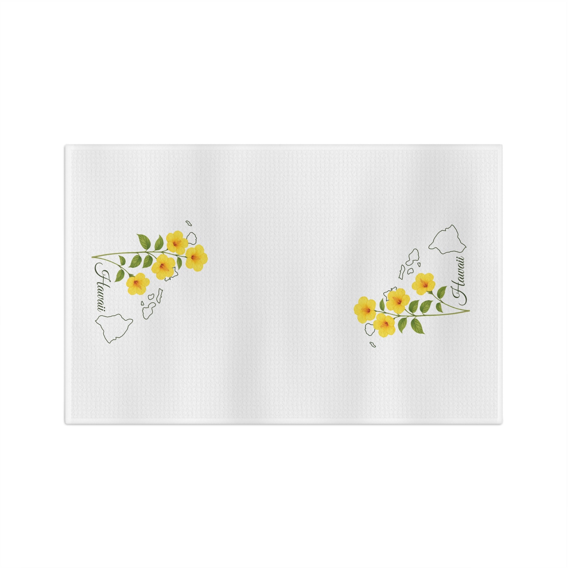 White microfiber tea towel with yellow hibiscus flowers and a subtle Hawaii island map print.