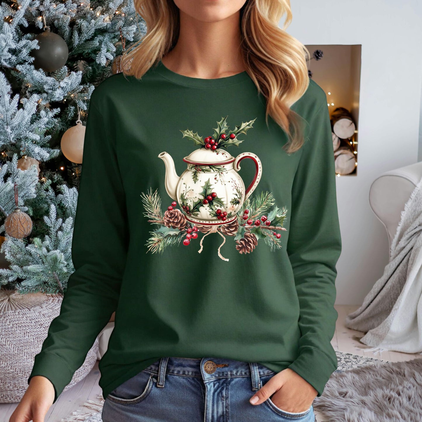 Heirloom Christmas Tea Pot Long Sleeve Tee