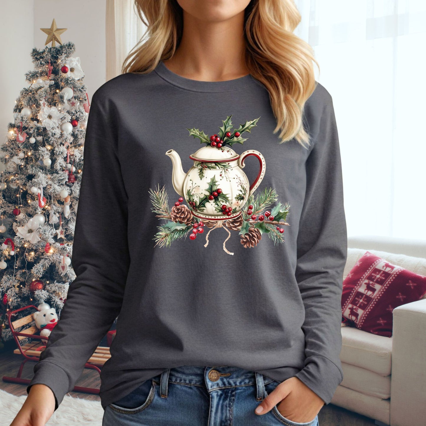 Heirloom Christmas Tea Pot Long Sleeve Tee