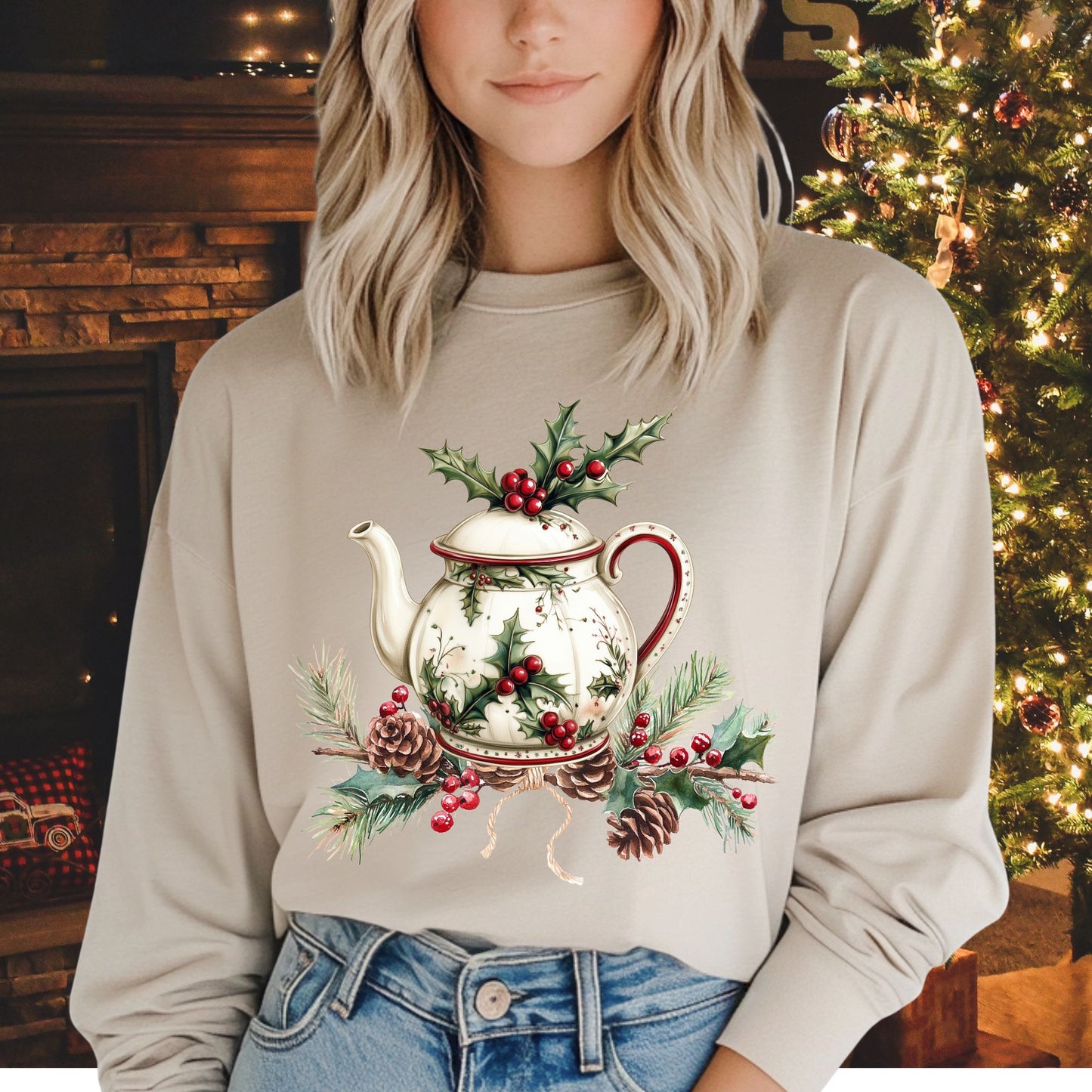 Heirloom Christmas Tea Pot Long Sleeve Tee