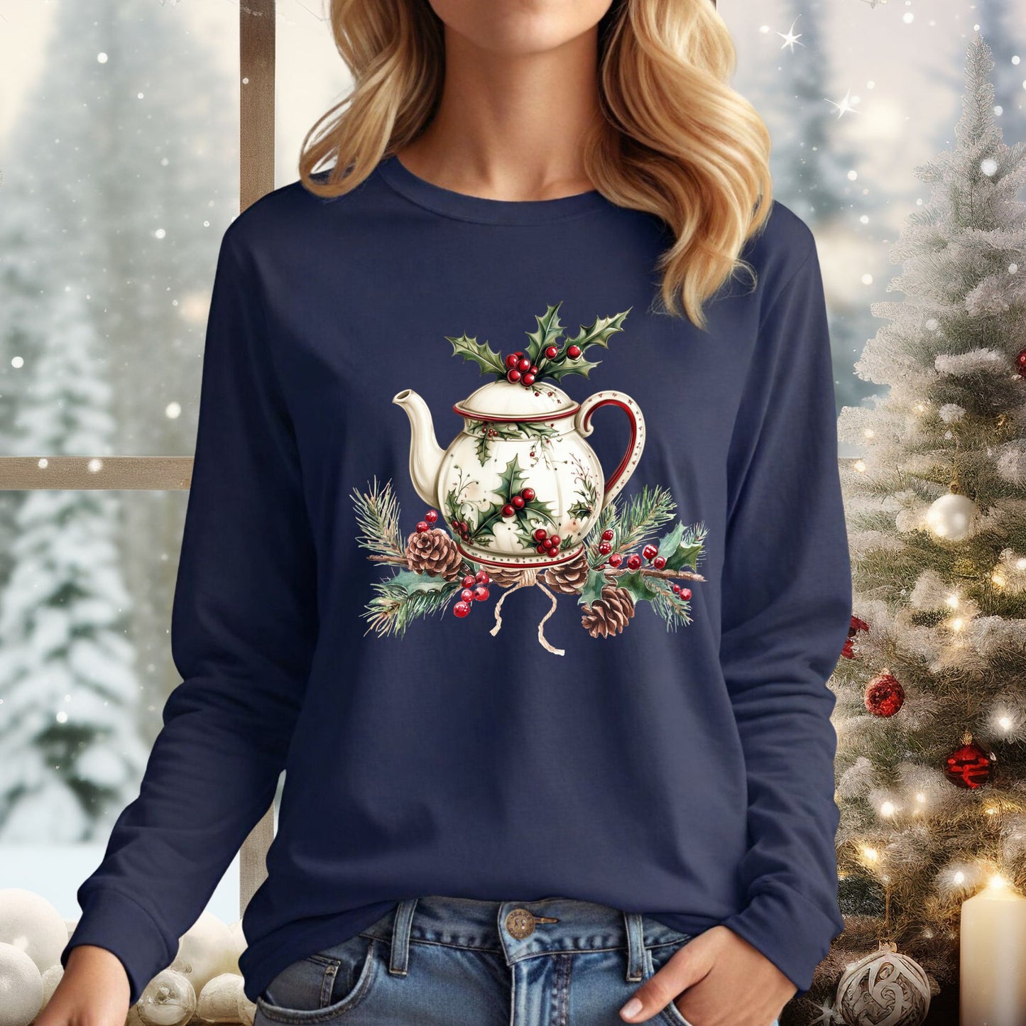 Heirloom Christmas Tea Pot Long Sleeve Tee