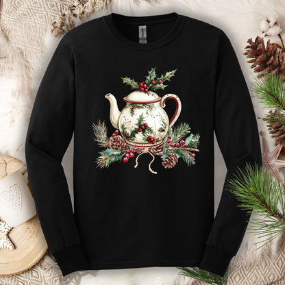 Black long-sleeve tee with a watercolor Christmas teapot and holly design.