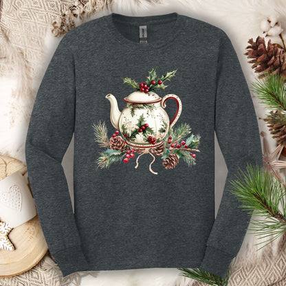 Dark Heather long-sleeve tee with a watercolor Christmas teapot and holly design.