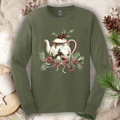 Military Green long-sleeve tee with a watercolor Christmas teapot and holly design.
