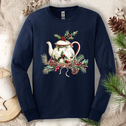 Navy long-sleeve tee with a watercolor Christmas teapot and holly design.