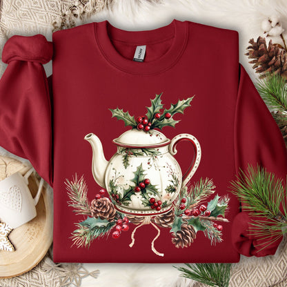 Cardinal Red Gildan sweatshirt with a vintage Christmas teapot, holly, and pinecone design.