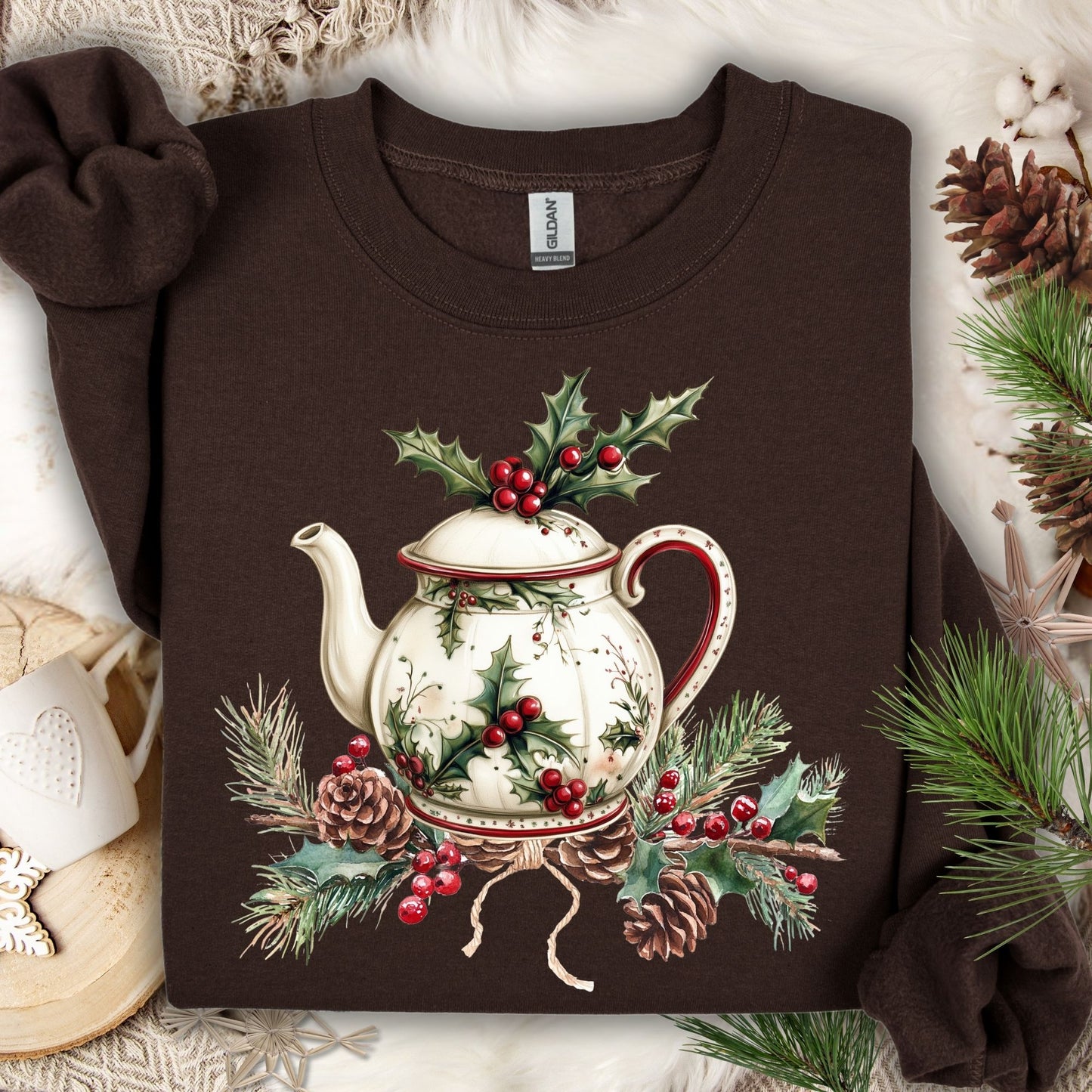 Dark Chocolate Gildan sweatshirt with a vintage Christmas teapot, holly, and pine design.
