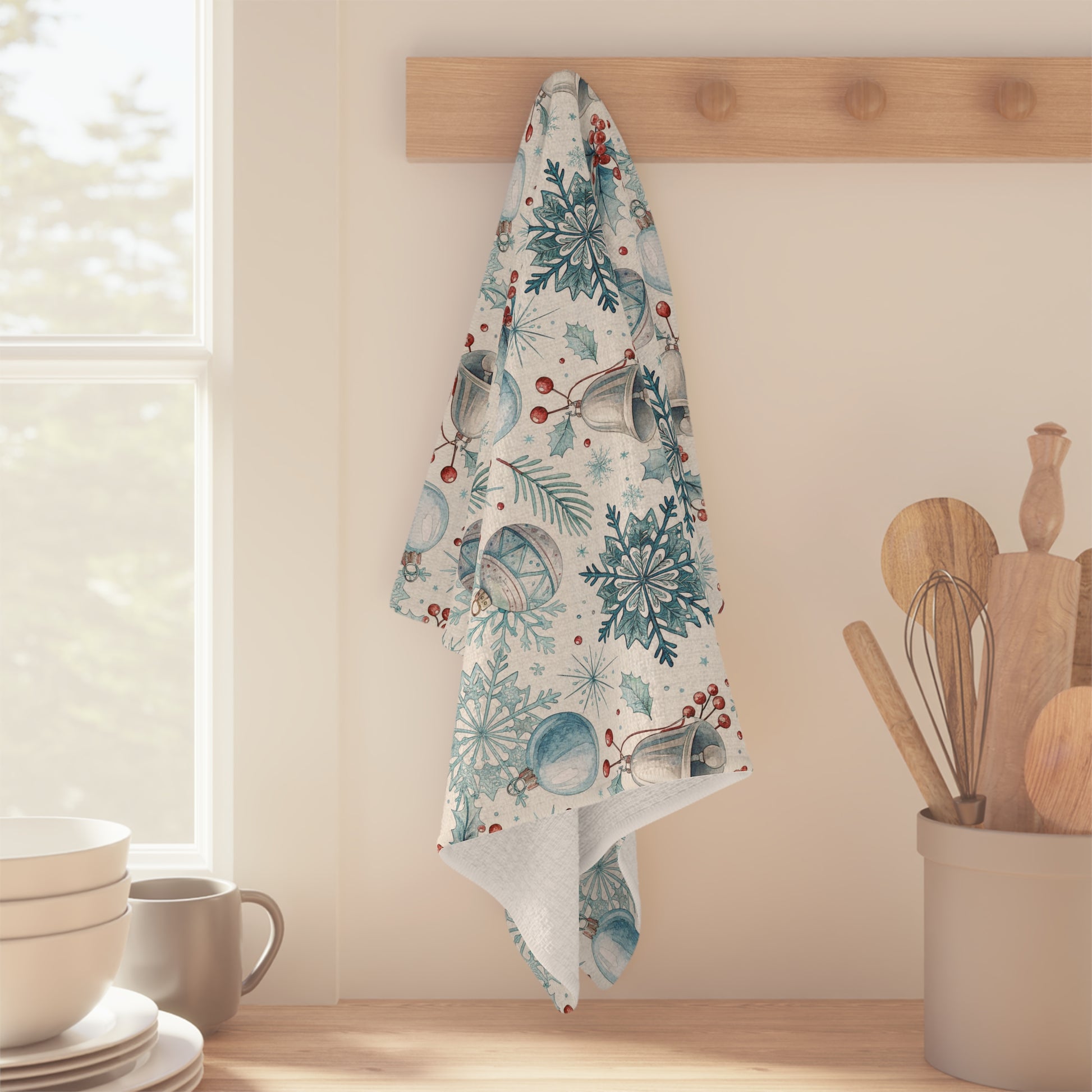 Microfiber tea towel with blue and silver holiday bells, snowflakes, and pine sprigs, hanging on a wooden peg.
