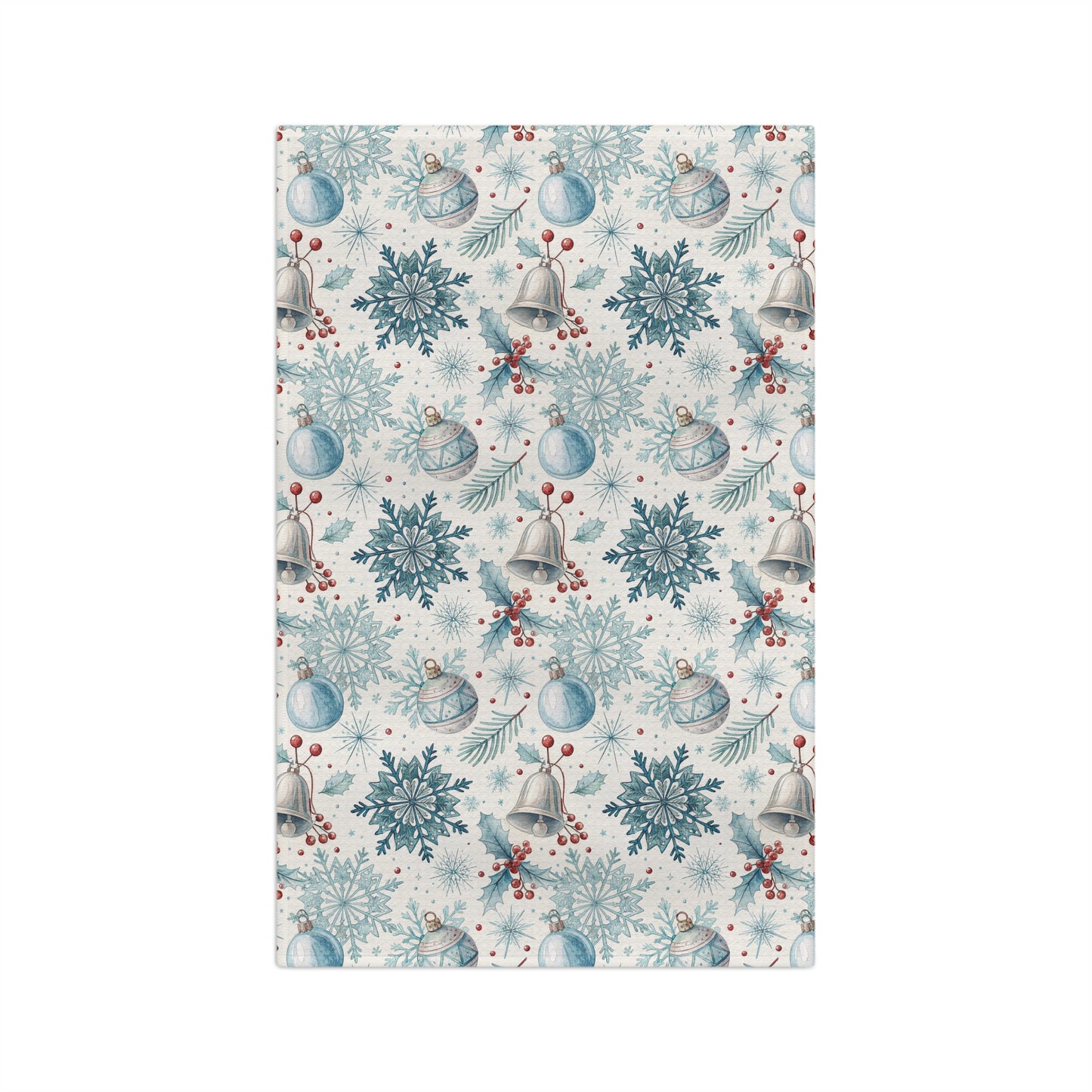 Microfiber tea towel with a muted blue and silver winter holiday pattern of bells, snowflakes, and berries.