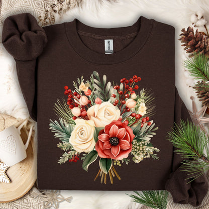 Dark Chocolate Gildan sweatshirt with a watercolor Christmas bouquet of red, cream, and green blooms.