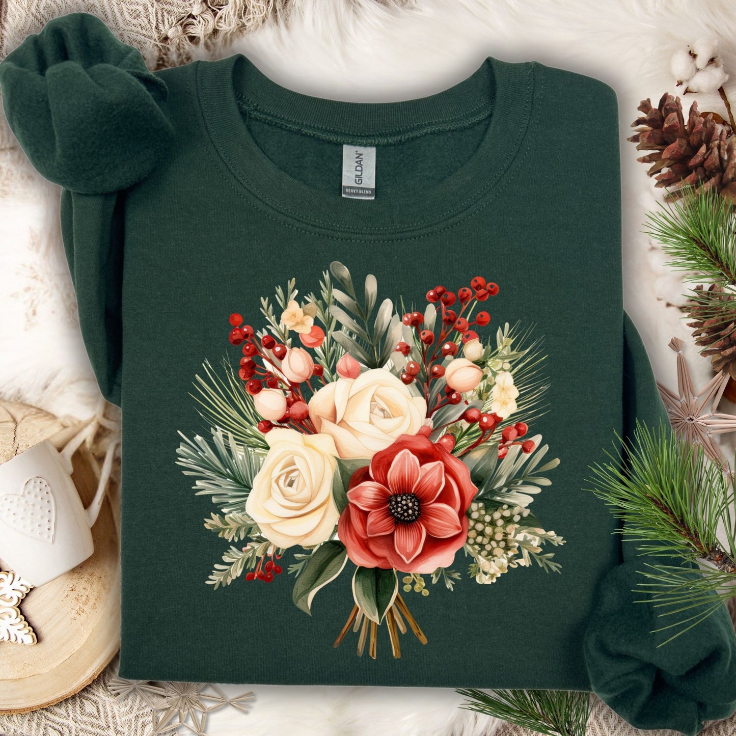 Forest Green Gildan sweatshirt with a watercolor Christmas bouquet of red, cream, and green flowers and holly.