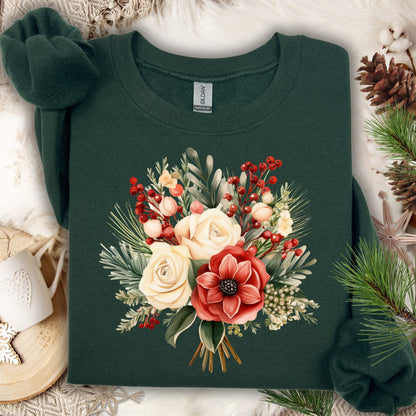 Forest Green Gildan sweatshirt with a watercolor Christmas bouquet of red, cream, and green flowers and holly.