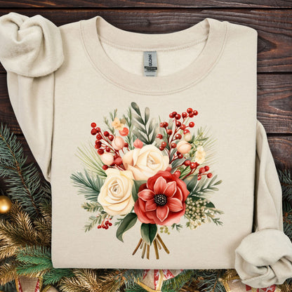 Sand Gildan sweatshirt with a watercolor Christmas bouquet of red, cream, and green florals.