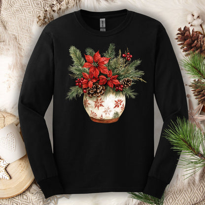 Black Gildan long sleeve tee with a watercolor holiday floral arrangement in a snowflake ceramic pot.