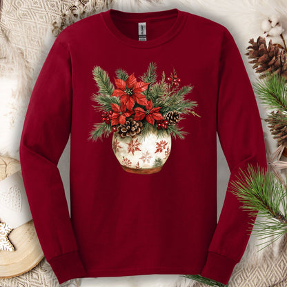 Cardinal Red Gildan long sleeve tee with a watercolor holiday floral arrangement in a snowflake ceramic pot.