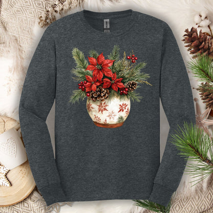 Dark Heather long sleeve tee with a watercolor holiday floral arrangement in a snowflake ceramic pot.