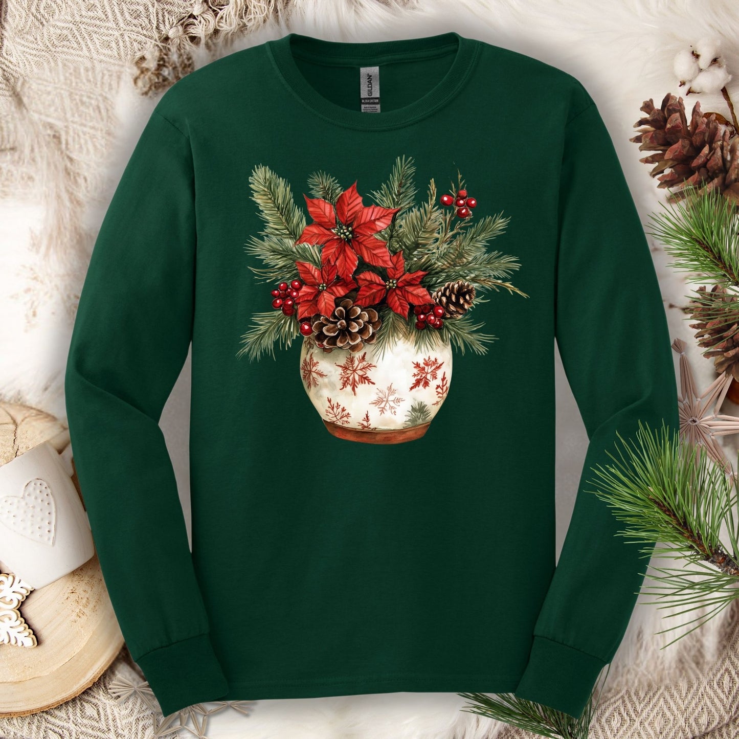 Forest Green Gildan long sleeve tee with a watercolor holiday floral arrangement in a snowflake ceramic pot.