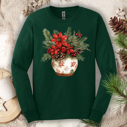 Forest Green Gildan long sleeve tee with a watercolor holiday floral arrangement in a snowflake ceramic pot.