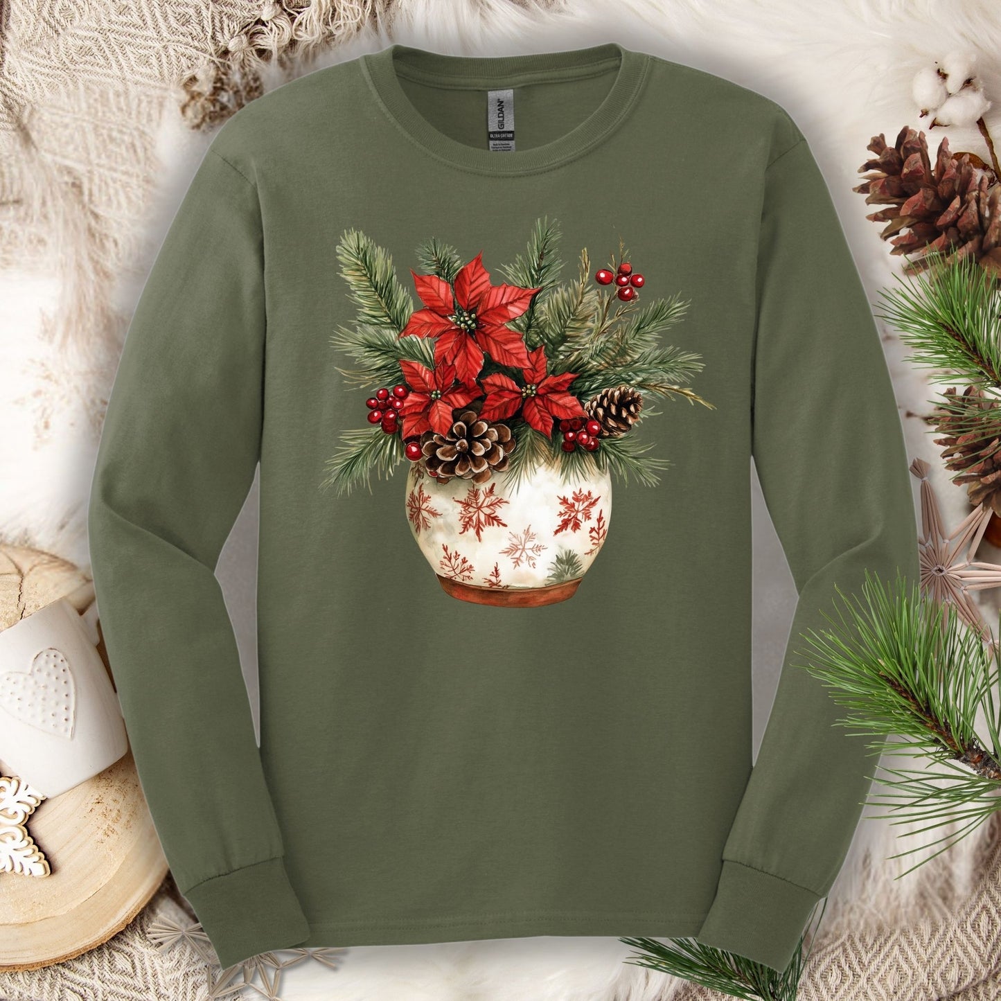 Military Green Gildan long sleeve tee with a watercolor holiday floral arrangement in a snowflake ceramic pot.