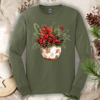 Military Green Gildan long sleeve tee with a watercolor holiday floral arrangement in a snowflake ceramic pot.