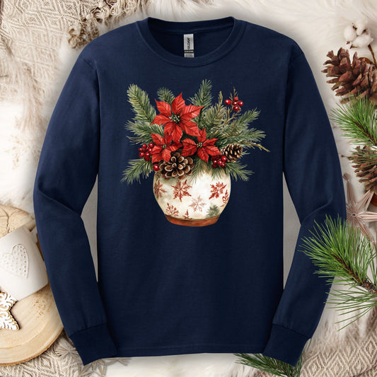 Navy long sleeve tee with a watercolor holiday floral arrangement in a snowflake ceramic pot.