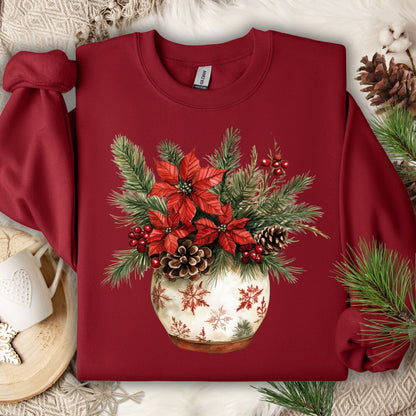 Cardinal Red Gildan long sleeve tee with watercolor holiday floral arrangement in snowflake pot.