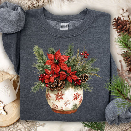 Dark Heather Gildan long sleeve tee with watercolor holiday floral arrangement in a snowflake ceramic pot.