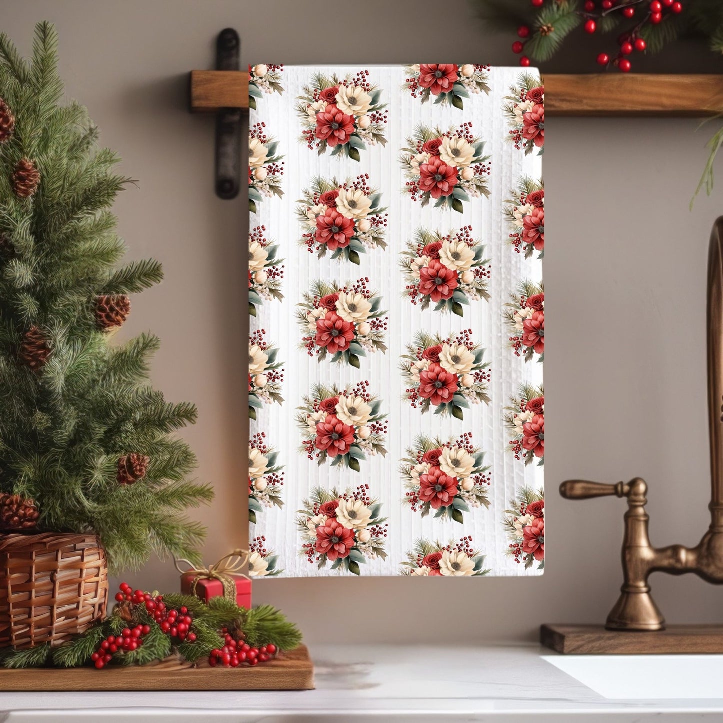 White microfiber tea towel with vintage red and cream floral bouquets, hanging in a kitchen.