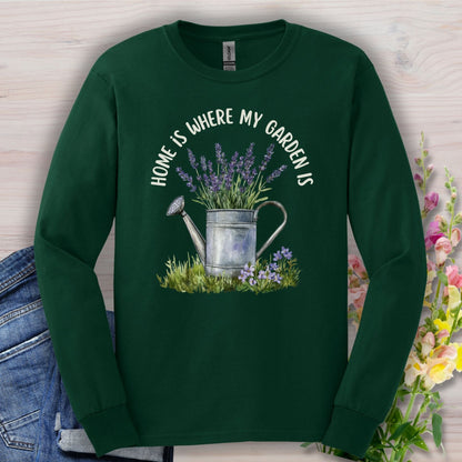 Forest Green long sleeve tee, size S, with a watercolor watering can, lavender, and "home is where my garden is" text.