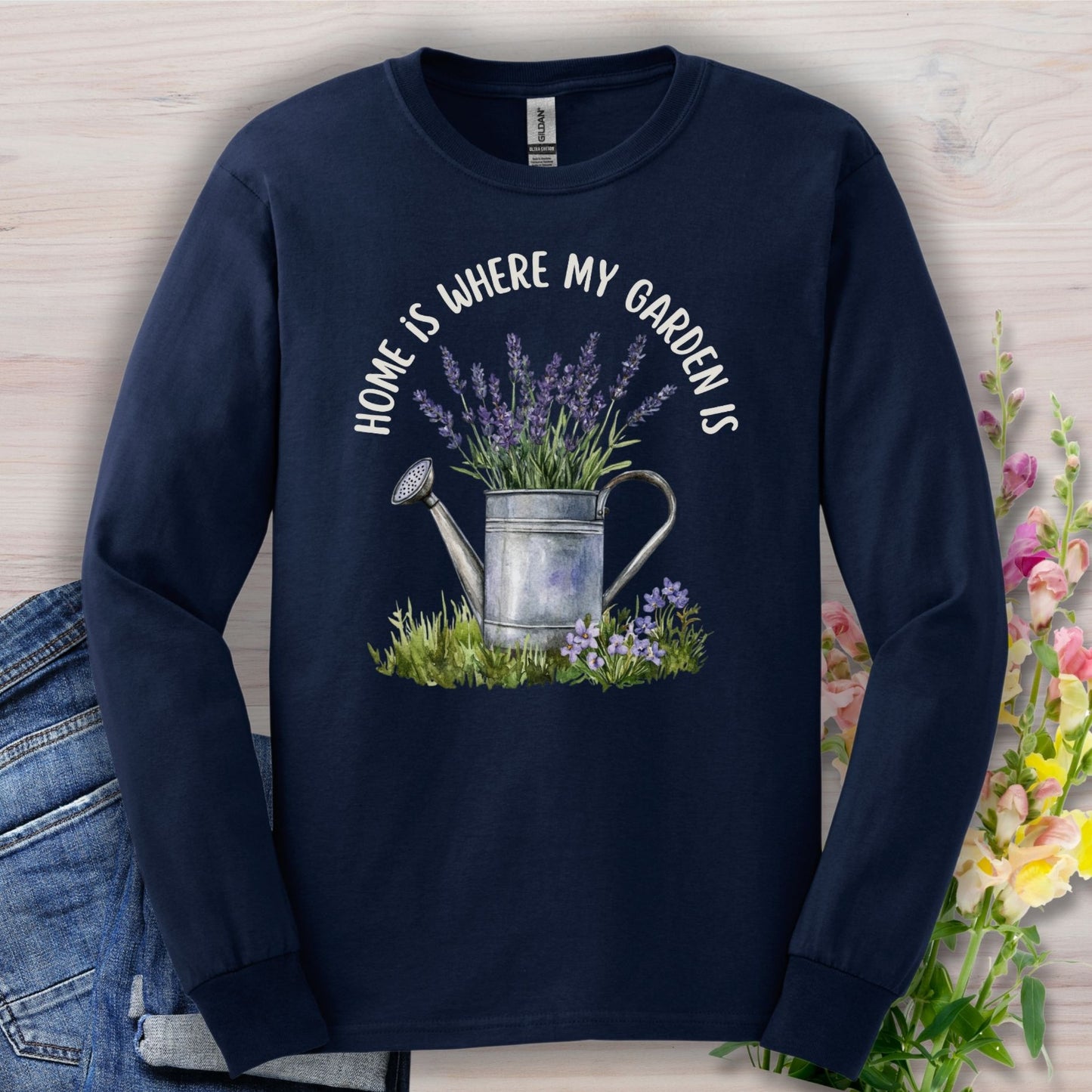 Navy long sleeve tee, size S, with "Home Is Where My Garden Is" text and a watercolor watering can with lavender.