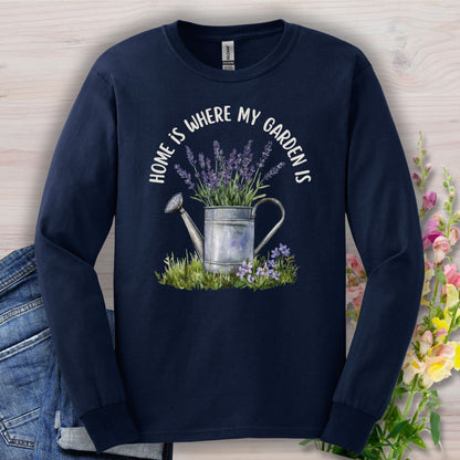 Navy long sleeve tee, size S, with "Home Is Where My Garden Is" text and a watercolor watering can with lavender.