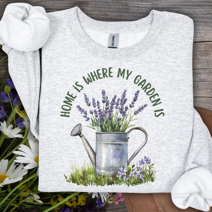 Ash grey unisex sweatshirt with "Home is where my garden is" and a watercolor lavender watering can.