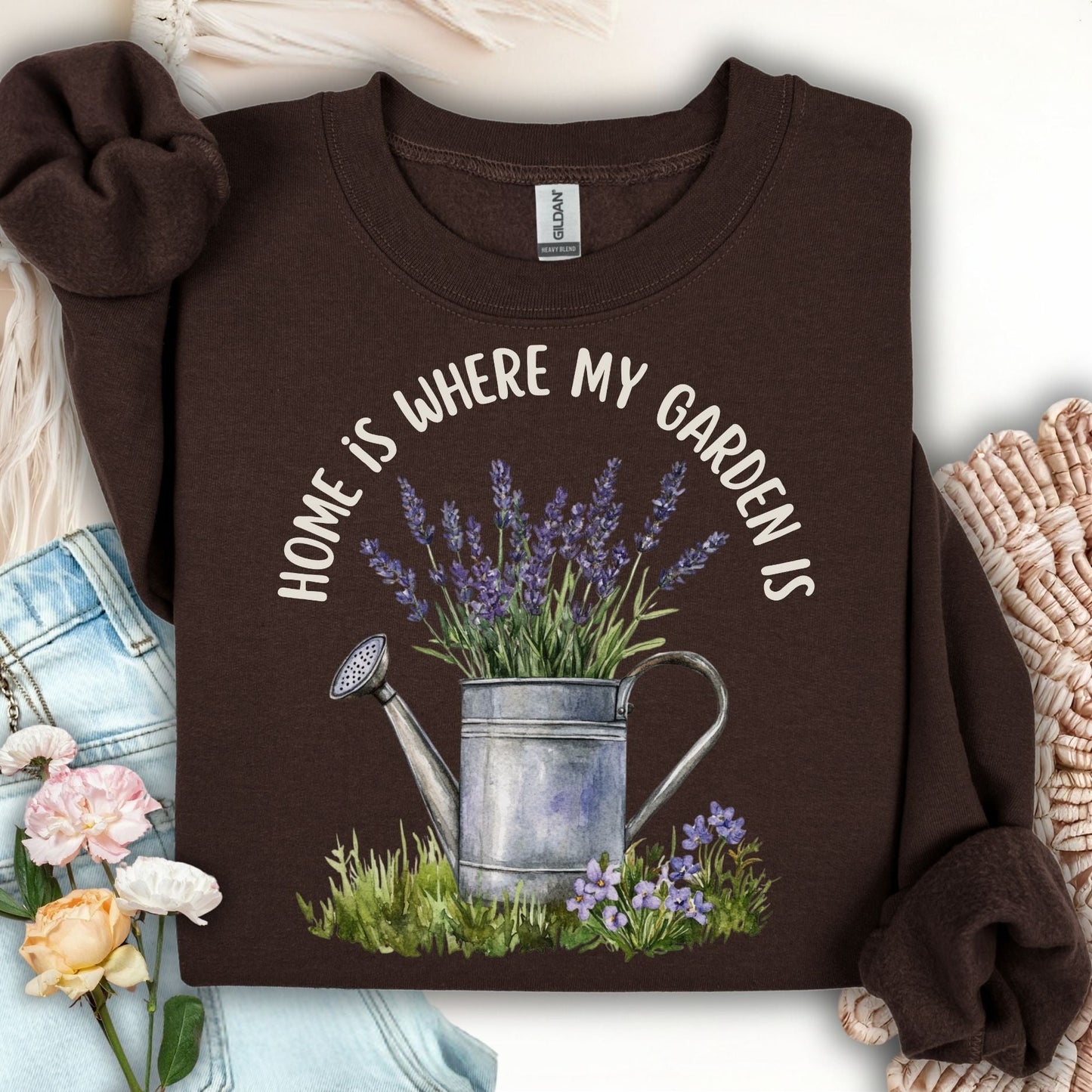 Dark Chocolate "Home Is Where My Garden Is" sweatshirt with watercolor watering can and lavender.