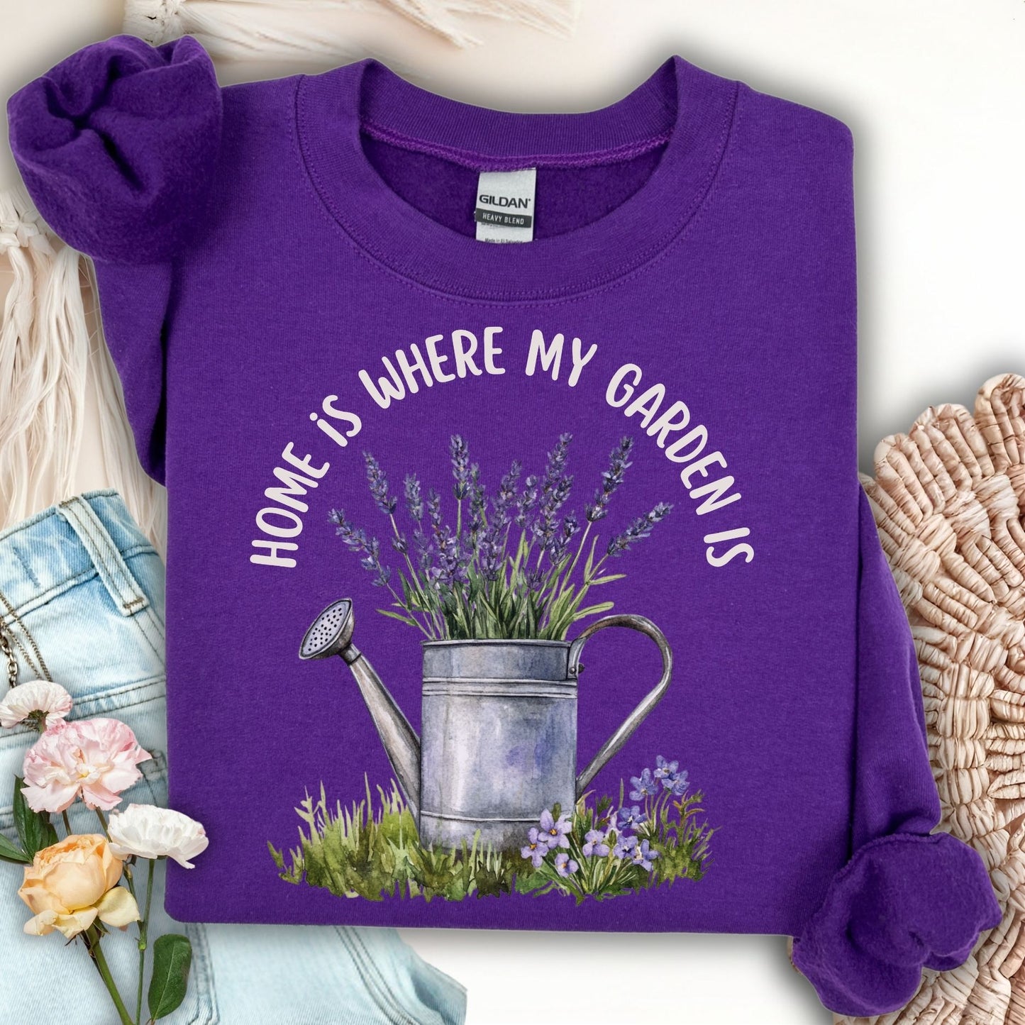 Purple "Home is where my garden is" sweatshirt with watercolor watering can and lavender design.