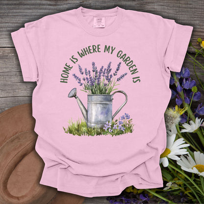 Blossom pink S t-shirt with "Home is Where My Garden Is" text and a watercolor lavender watering can.
