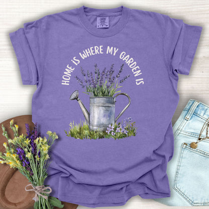 Grape S t-shirt with "Home Is Where My Garden Is" and a watering can with lavender.