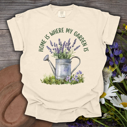 Ivory S t-shirt with a watercolor watering can overflowing with lavender and "Home Is Where My Garden Is" text.