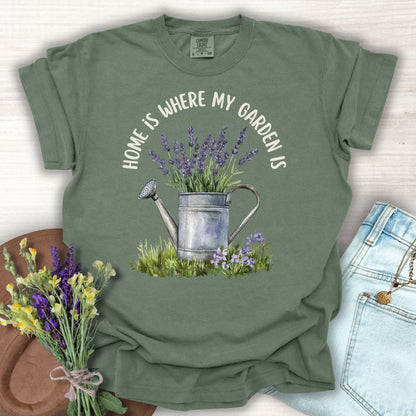 Moss green "Home Is Where My Garden Is" t-shirt with a watercolor watering can and lavender.