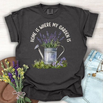 Pepper S t-shirt with "Home Is Where My Garden Is" text and a watercolor watering can with lavender.