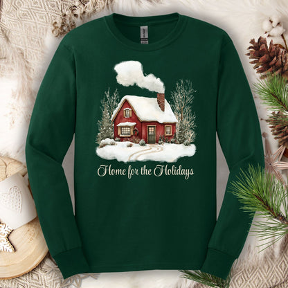 Forest Green Gildan Softstyle long sleeve tee with watercolor red cabin, evergreens, and "Home for the Holidays" script.