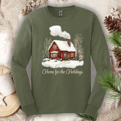 Military Green Gildan Softstyle long sleeve tee with watercolor red cabin, evergreens, and "Home for the Holidays" script.