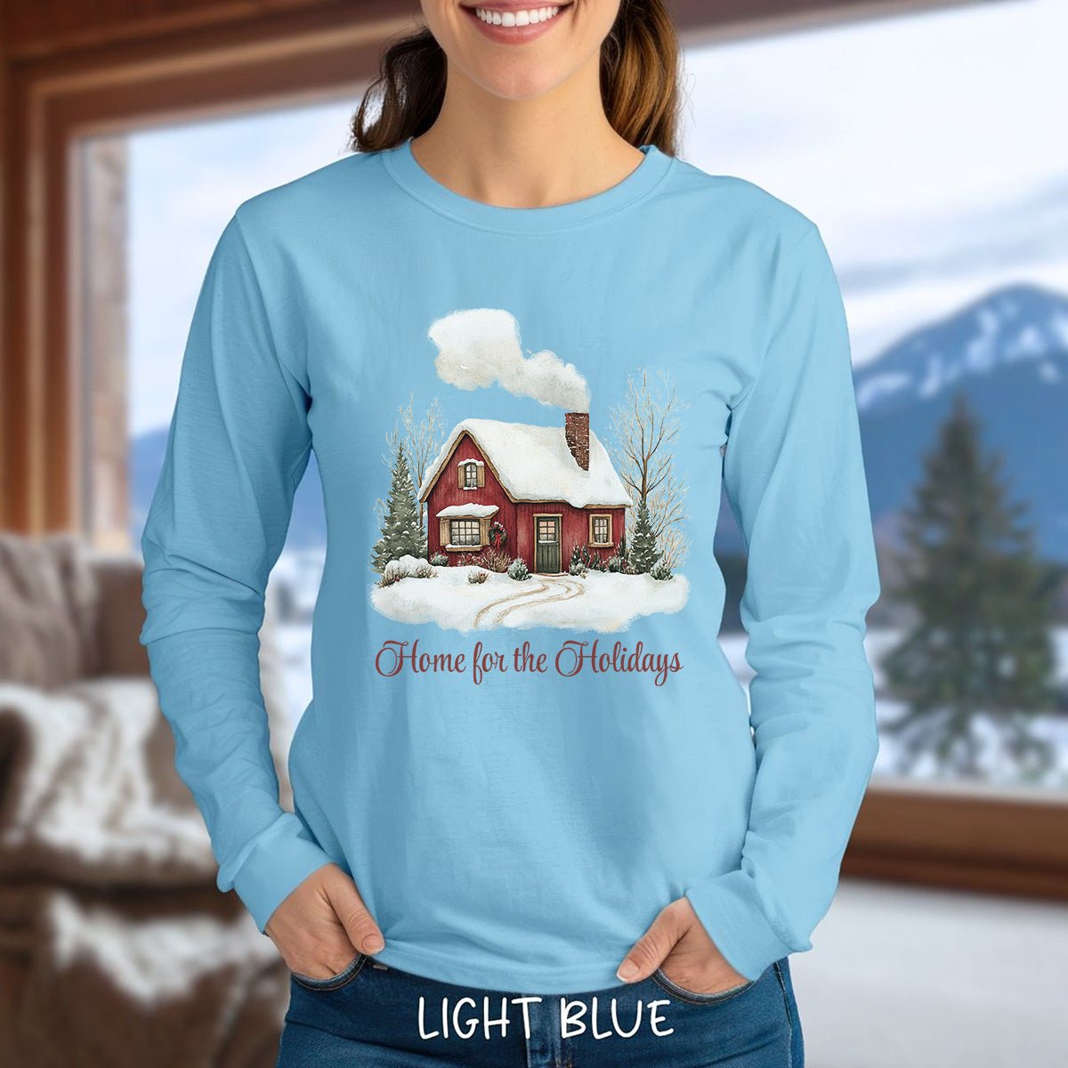 Home for the Holidays Red Cabin Long Sleeve Tee