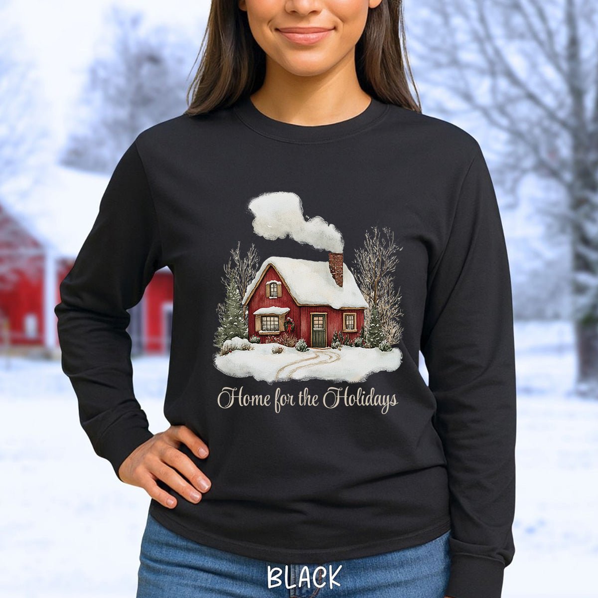 Home for the Holidays Red Cabin Long Sleeve Tee