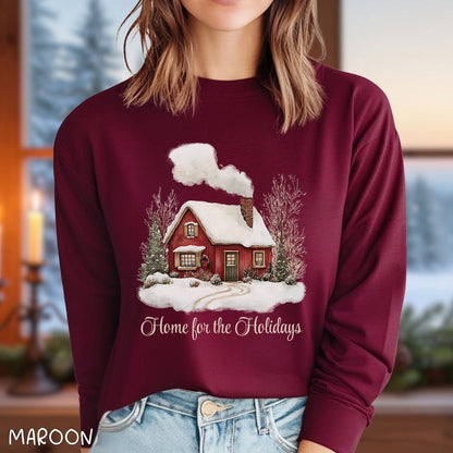 Home for the Holidays Red Cabin Long Sleeve Tee