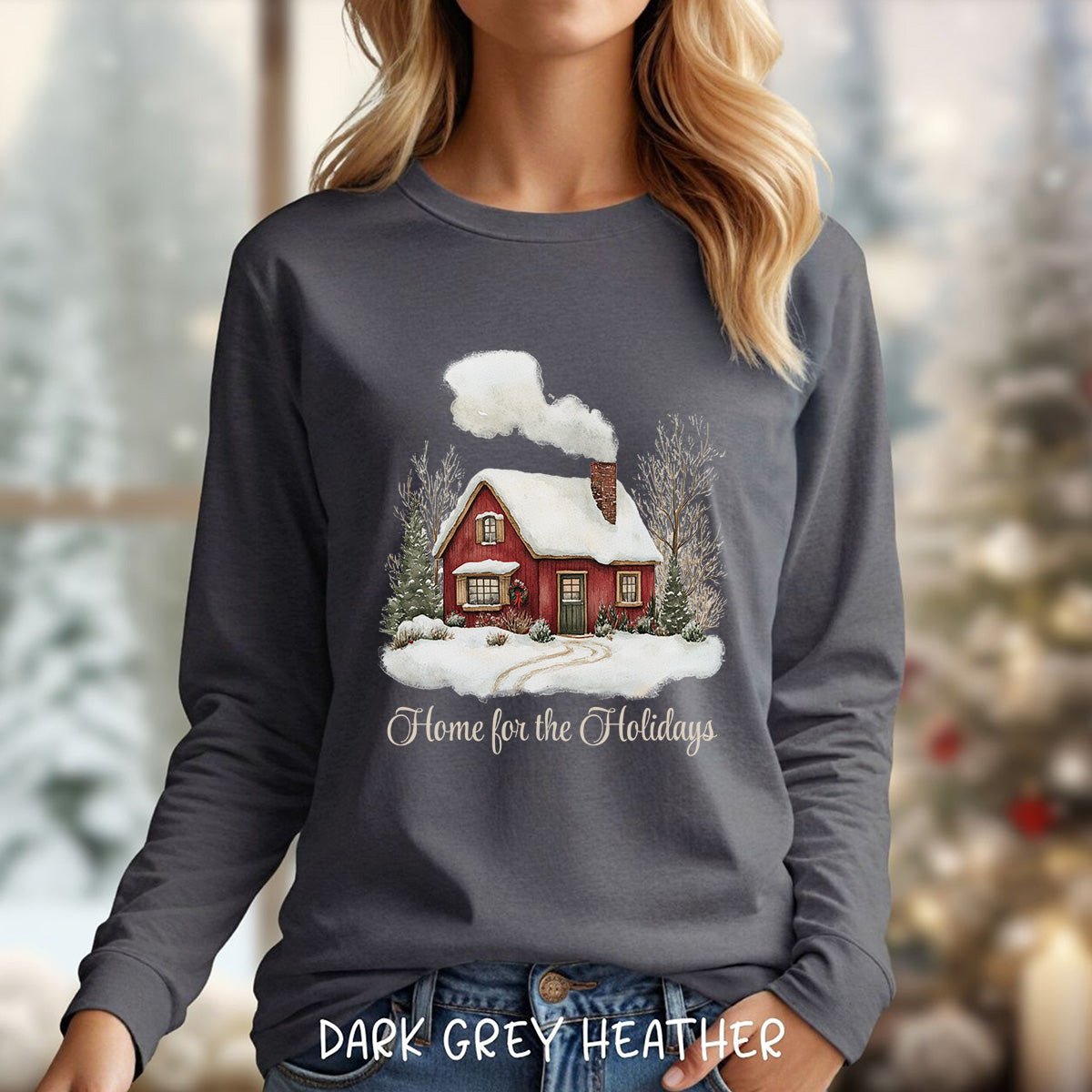 Home for the Holidays Red Cabin Long Sleeve Tee
