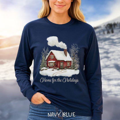 Home for the Holidays Red Cabin Long Sleeve Tee