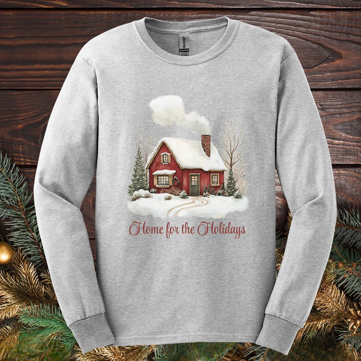 Home for the Holidays Red Cabin Long Sleeve Tee